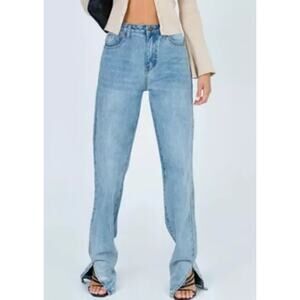 Lioness Alabama Blue Jeans Womens XS High Waist Baggy Fit Split Ankle Light Wash